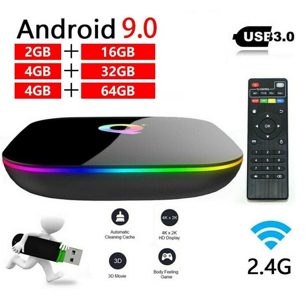 H6 Quad-core HDMI Android TV Box Support 6K HD with dual 2.4 GHz WiFi/Ethernet Fast Speed Smart Android box Q PLUS Android 9.0 TV Box 4GB RAM/32GB ROM